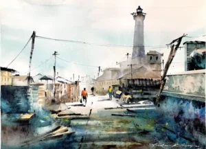 A watercolor painting depicts a coastal scene with a towering lighthouse, distant buildings, and a few people walking along a pathway lined with utility poles.