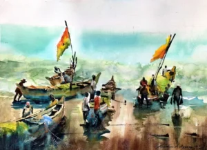 Painting of people preparing boats on a shoreline, with colorful flags waving on the boats and a serene, blue-green background.