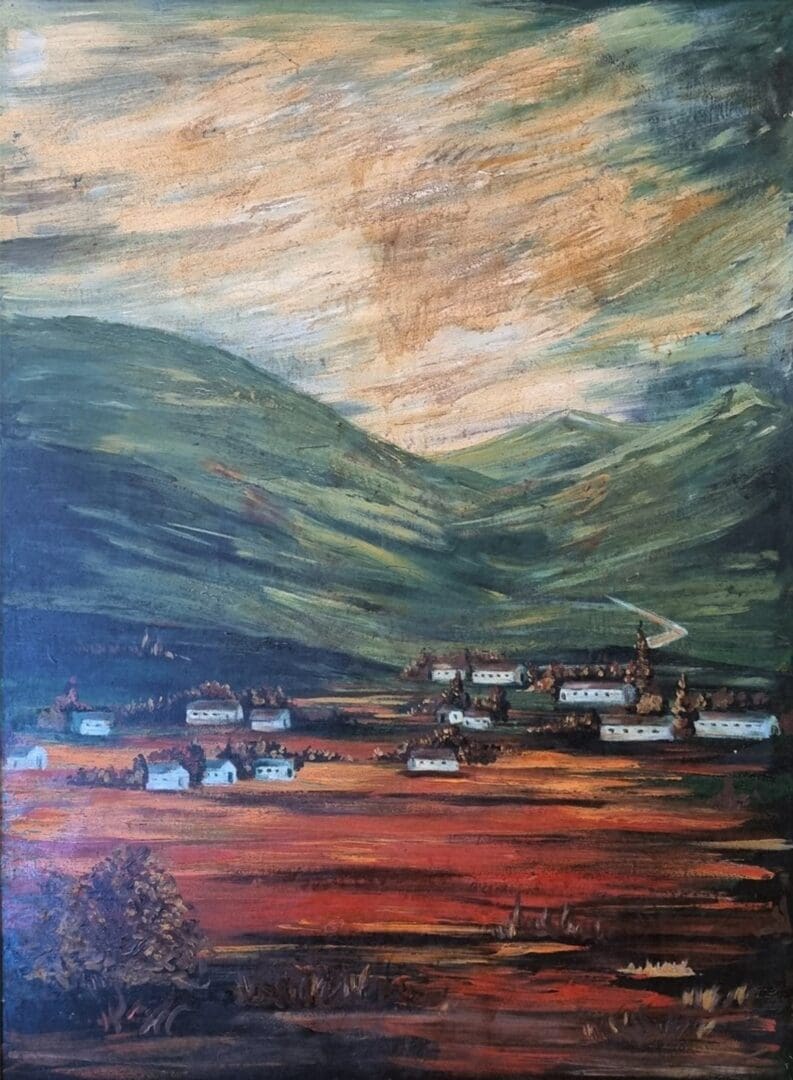 A painting of a mountain with houses in the background