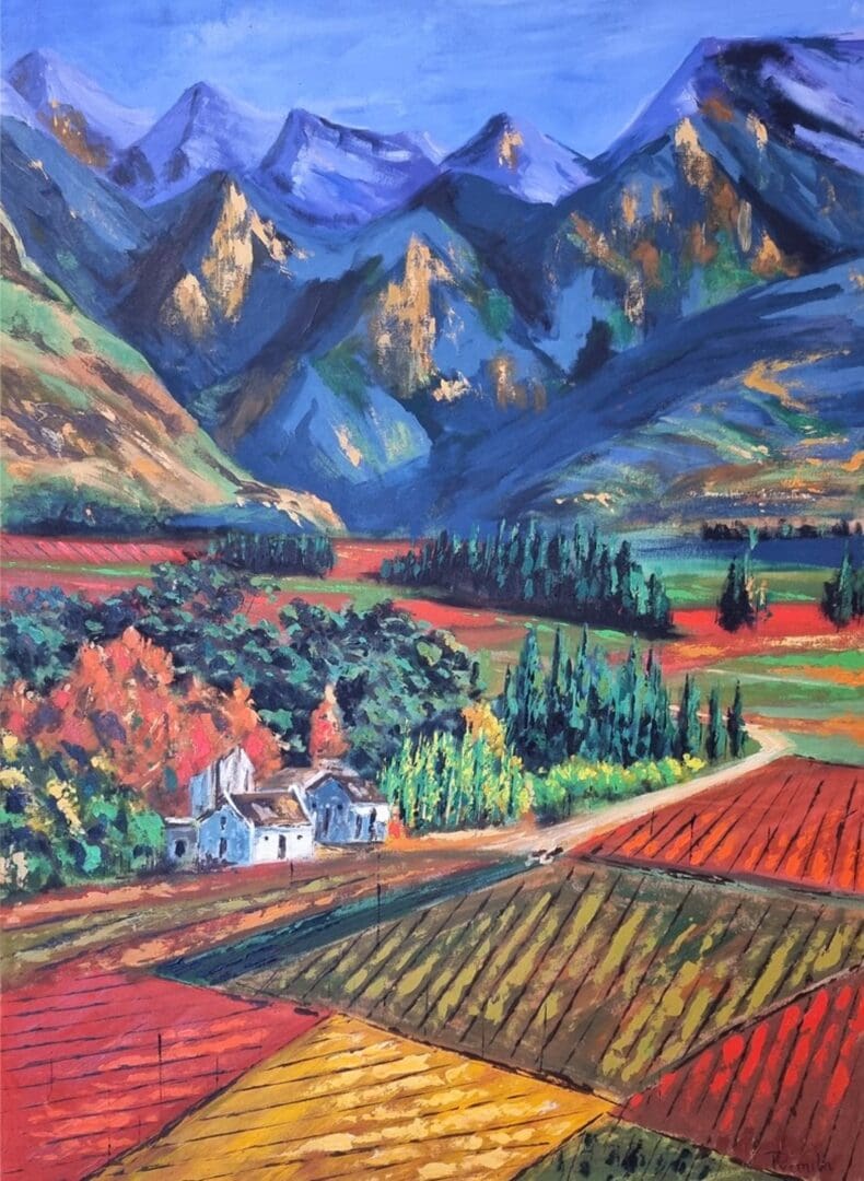 A painting of a valley with mountains in the background