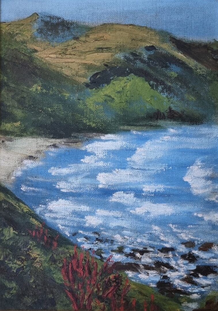 A painting of the ocean and shore