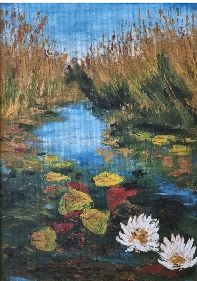 A painting of water lilies and reeds in the marsh.