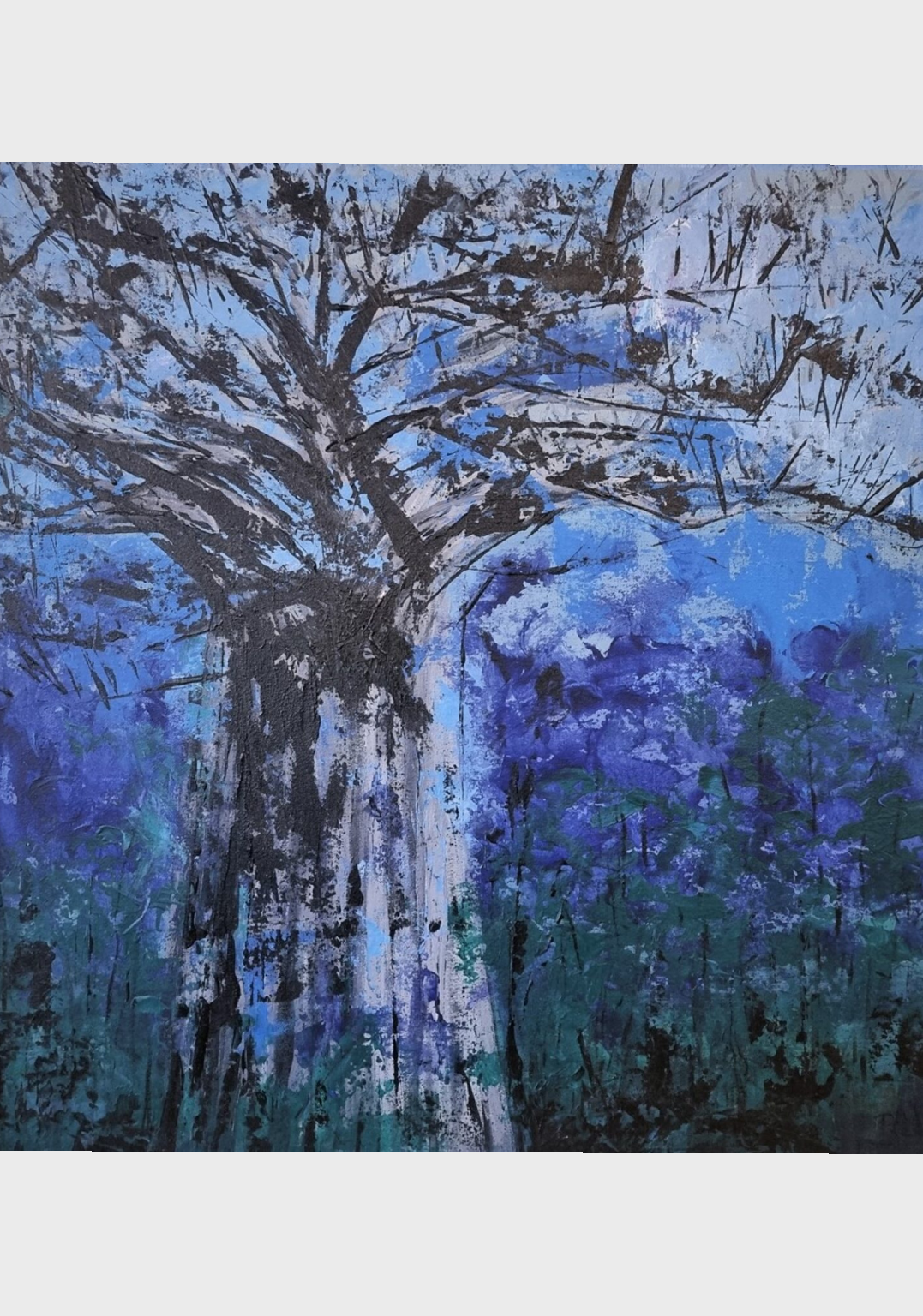 A painting of a tree in the middle of a forest.