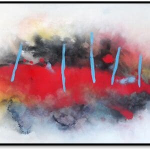 Abstract painting with red and blue streaks.