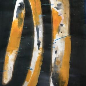 Abstract painting with three vertical shapes.