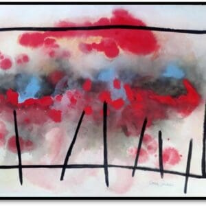 Abstract painting with red and black accents.