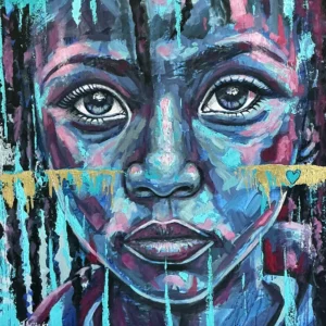 Colorful portrait painting of a contemplative child.
