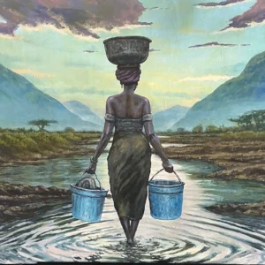 Woman carrying water through a scenic landscape.
