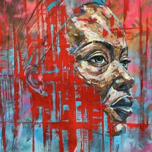 Abstract portrait with vibrant red and blue.