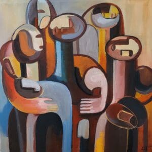 Abstract figures in a colorful, embracing group.
