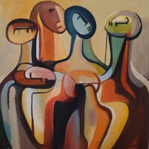 Abstract painting of colorful, intertwined figures.