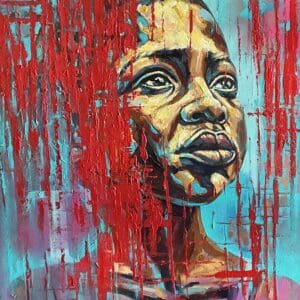 Portrait with vibrant red abstract elements.