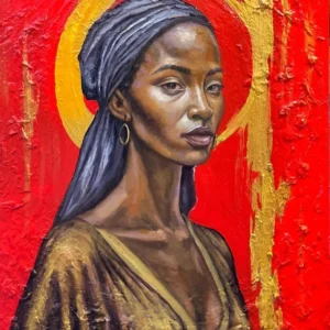 Portrait of a woman with golden halo.