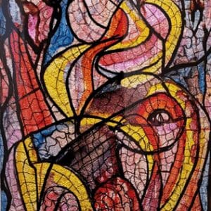 Abstract colorful stained glass pattern artwork.