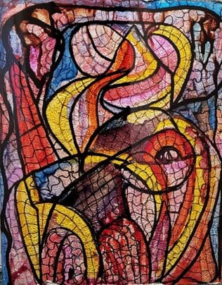 Abstract colorful stained glass pattern artwork.