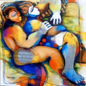 Abstract colorful figures in an embrace.