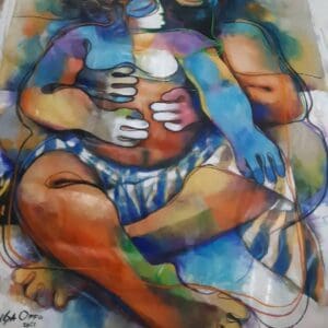 Colorful abstract painting of two embracing figures.