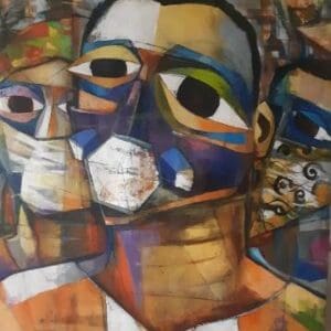 Abstract painting of people wearing face masks.