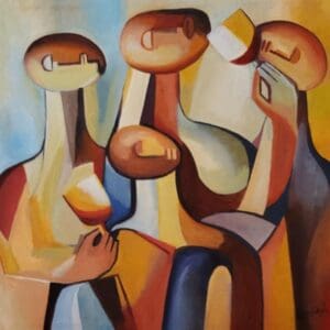 Abstract figures enjoying drinks together, colorful painting.