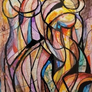 Abstract painting of colorful intertwined figures.