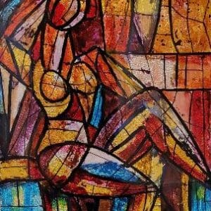 Abstract cubist painting of a seated figure.