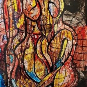 Abstract colorful painting with intertwined shapes.