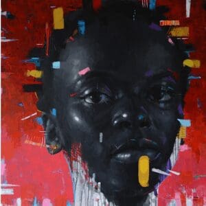 Abstract portrait with vibrant red background.