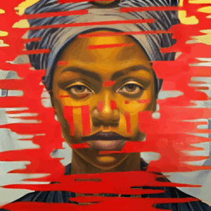 Portrait with red abstract brushstrokes overlay.