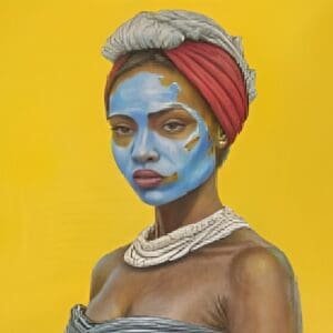 Woman with painted face, colorful headwrap.