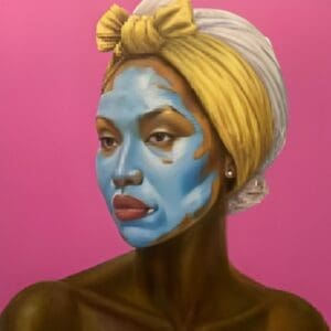 Woman with blue face mask, yellow headwrap.