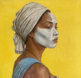 Woman with face mask, yellow background painting.