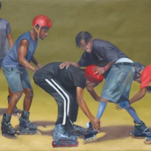 Group of friends rollerblading and helping each other.