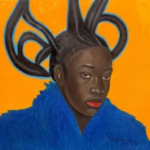 Portrait with intricate hairstyle and blue attire.