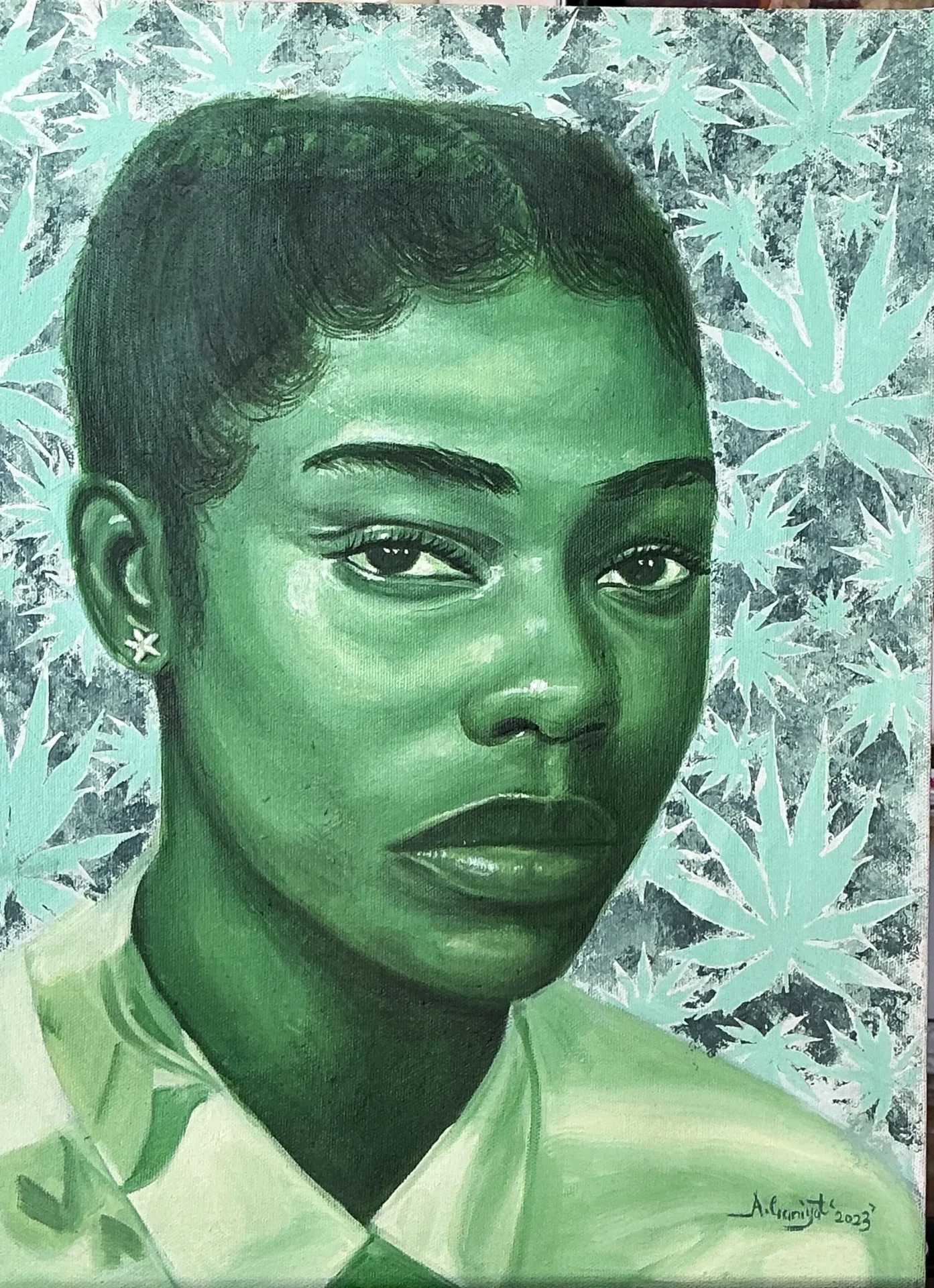 Portrait of a woman with green hues.