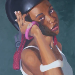 Person in helmet adjusting earring, wearing tank.