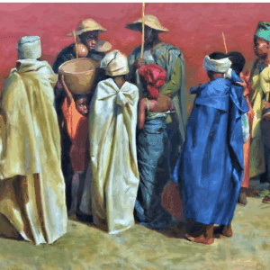 Group of people gathered, wearing colorful garments.