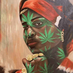 Portrait with leaf patterns and red headscarf.