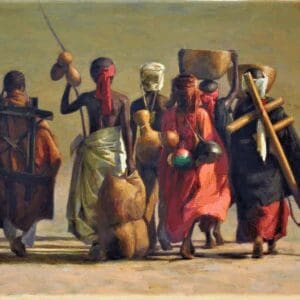 People walking with traditional attire and baskets.