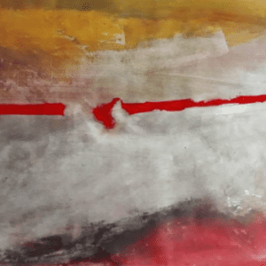 Abstract painting with red horizontal line.