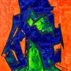 Abstract painting in blue, green, and orange.
