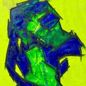 Abstract figure with blue and green shapes.