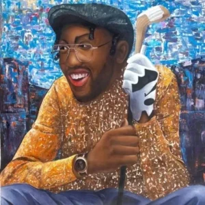 Smiling man with golf club and hat.
