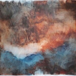 Abstract painting with earthy and blue tones.