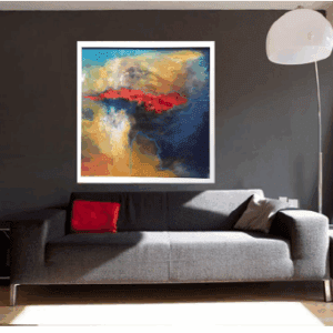 Living room with abstract art and sofa.