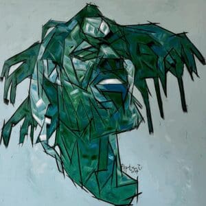 Abstract geometric painting in shades of green.