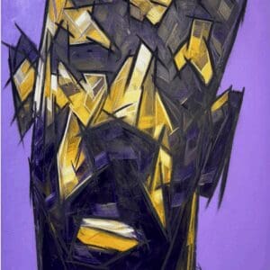 Abstract geometric portrait with purple background.