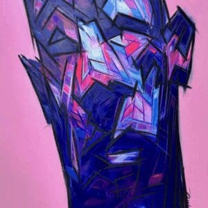 Abstract geometric face on pink background.