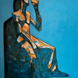 Abstract figure seated on blue background.