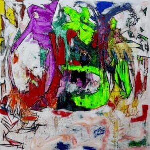 Abstract painting with vibrant, chaotic colors.