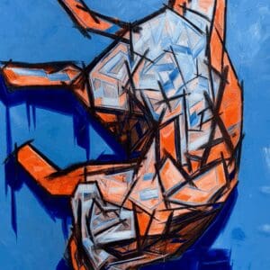 Abstract geometric painting with blue and orange.